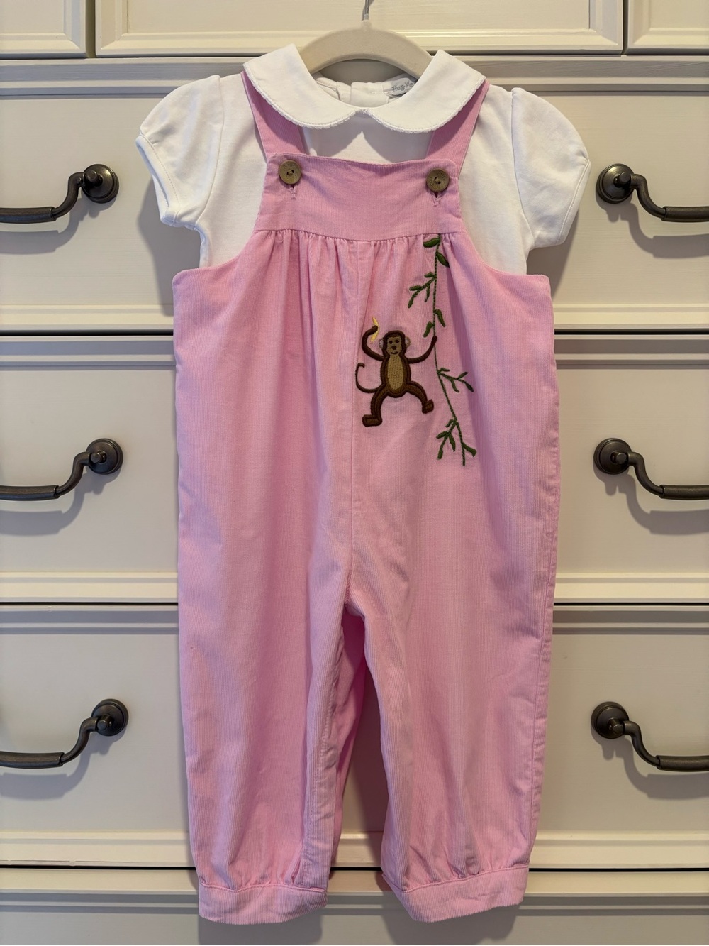 EUC Little English Pink Corduroy Monkey Overalls 6 Months & Peter Pan Collar Top